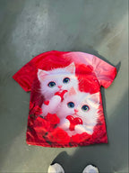 New Women'S T-Shirt with Digital Print of Two Fluffy White Kittens with Blue Eyes, Holding a Red Heart-Shaped Pattern, Surrounded by Red Roses And Heart Designs, Round Neck Short Sleeve Summer Top, Casual Outdoor Wear - Mixed colors