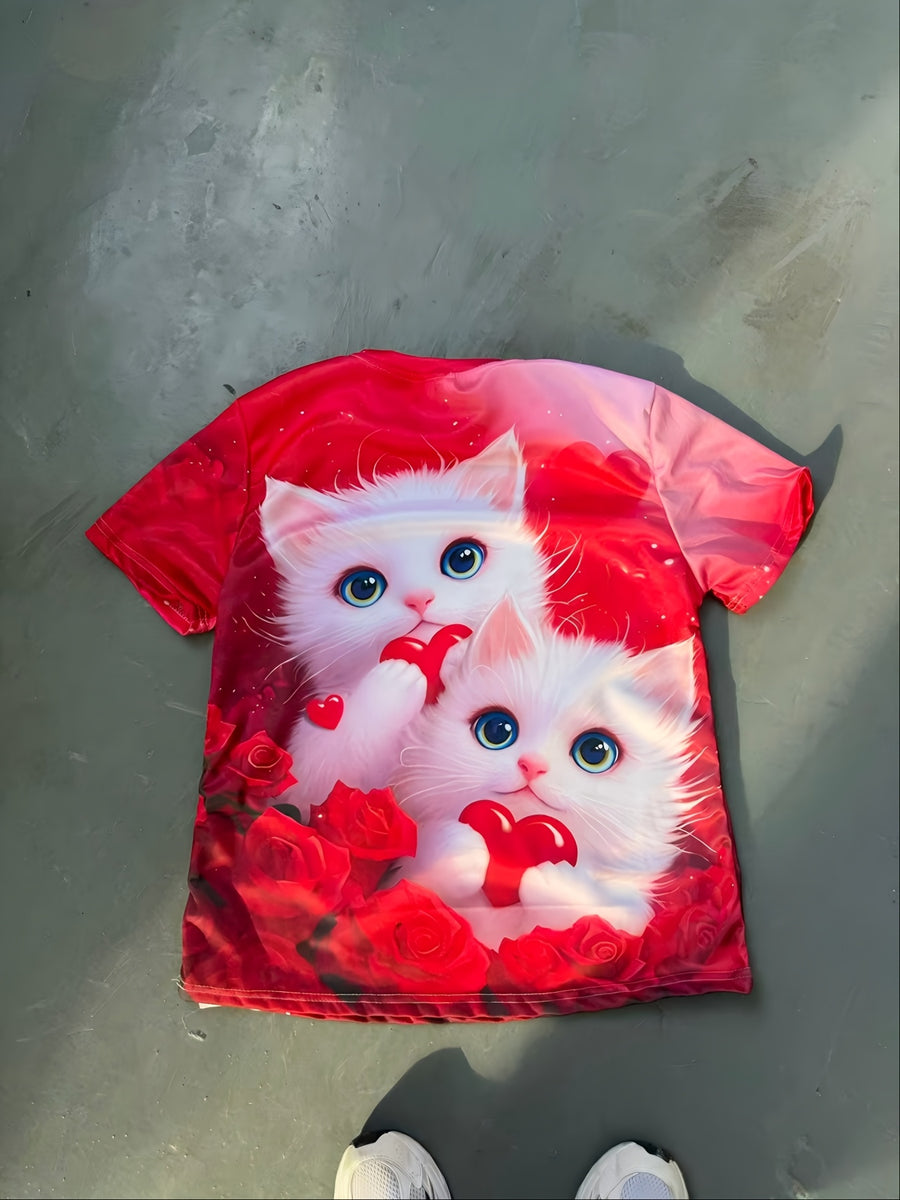 New Women'S T-Shirt with Digital Print of Two Fluffy White Kittens with Blue Eyes, Holding a Red Heart-Shaped Pattern, Surrounded by Red Roses And Heart Designs, Round Neck Short Sleeve Summer Top, Casual Outdoor Wear - Mixed colors