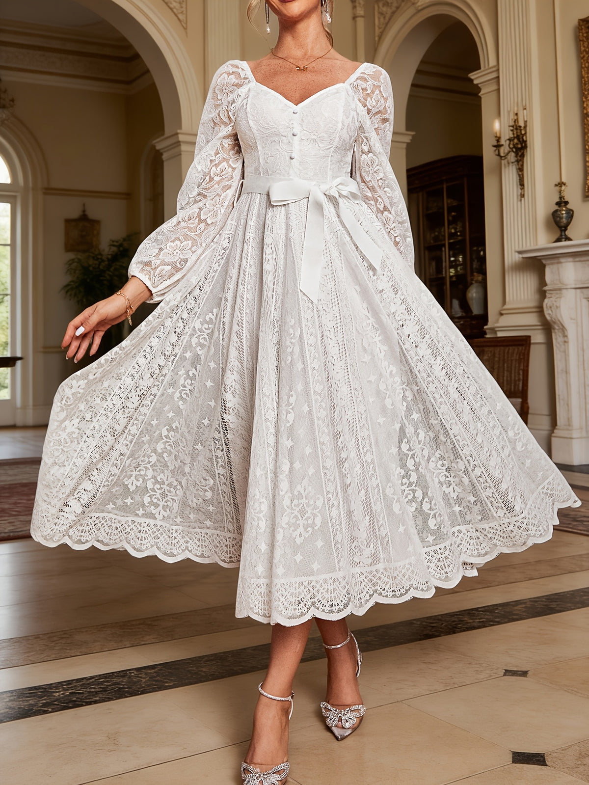 Wedding Guest Dress Long Sleeve Lace Gown Bridesmaid Dress Button Square Neck Elegant Fashionable Soft Dress Romantic Evening Dress - Ivory White