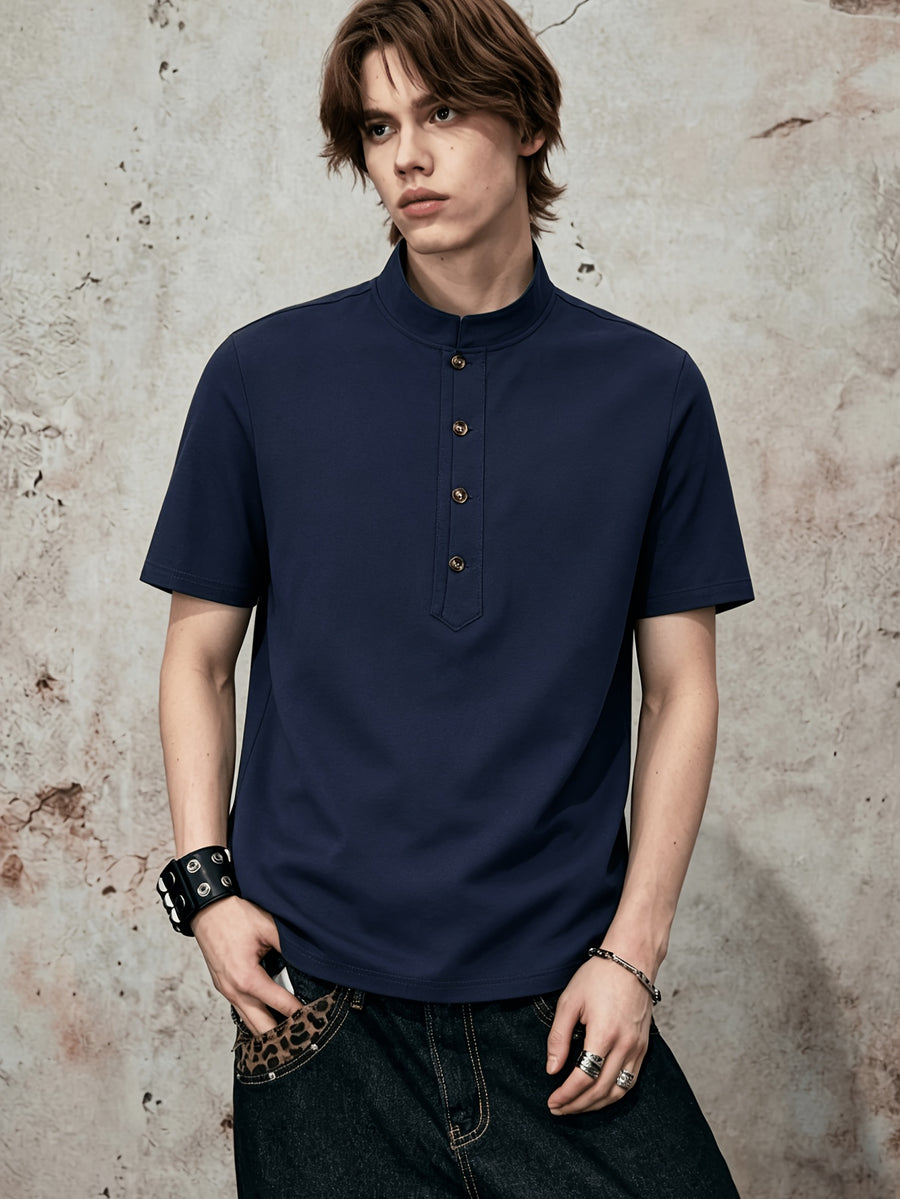 Men'S Mandarin Collar Short Sleeve T-Shirt, Stand-Up Collar Half-Open Placket Button-Up Top, Casual Loose All-Match Base Layer, Daily Streetwear - Navy Color