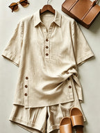 WY260406061) Women's Comfortable Loose-Fit Button-Up Shirt and Shorts Linen 2pcs Set - Apricot