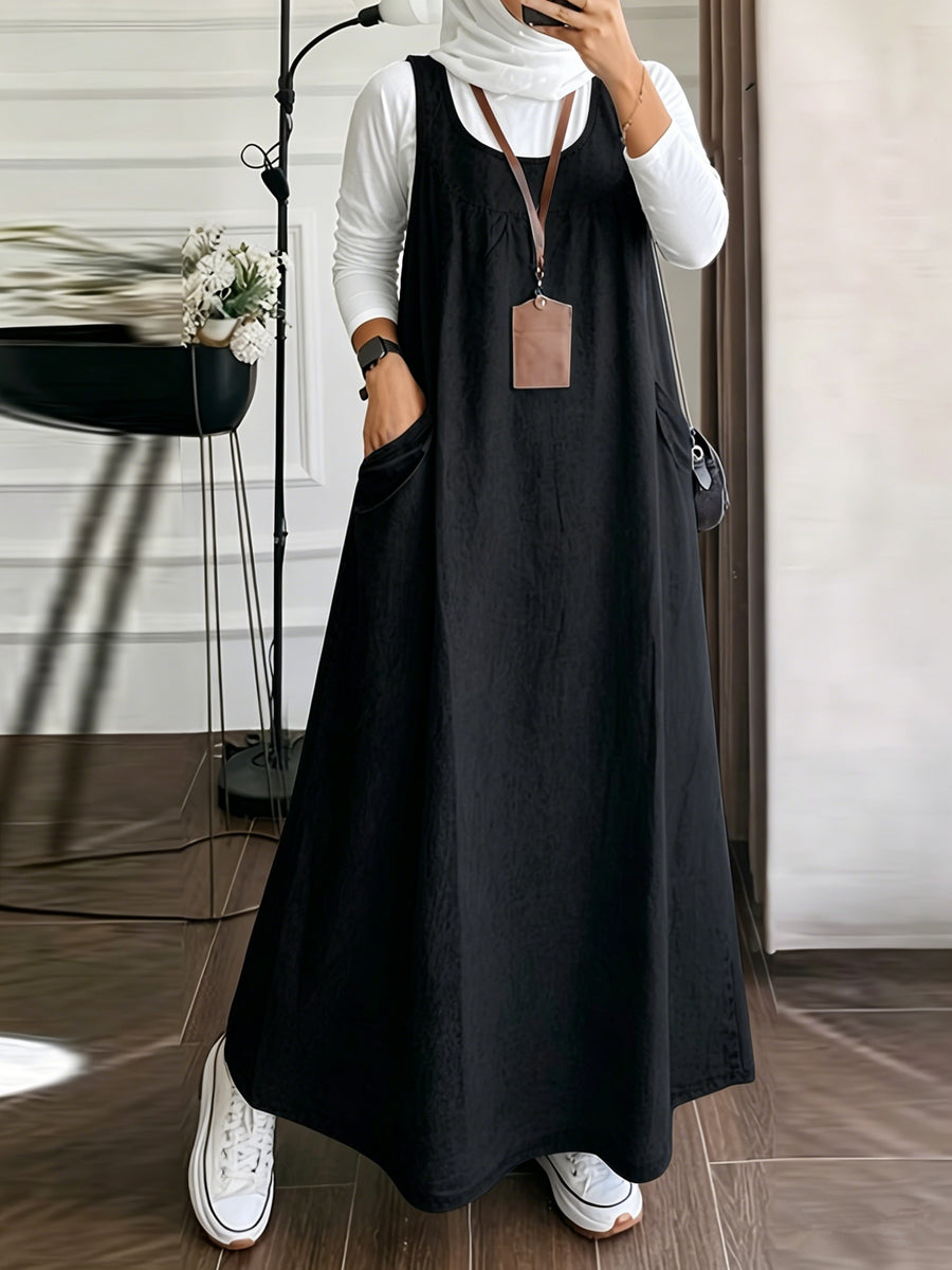 [Printed Pants - Not Denim Fabric] Elegant and Stylish Women's Imitation Denim Fabric Vest Dress with Pockets, Sleeveless, Long, Loose Fit, Versatile for Outings, Dates, Commuting - Black