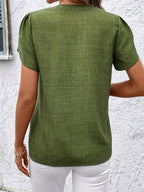 Elegant Petal Sleeve Notched V-Neck Shirt | Solid Color, Suitable for Spring/Summer/Fall - Olive Green