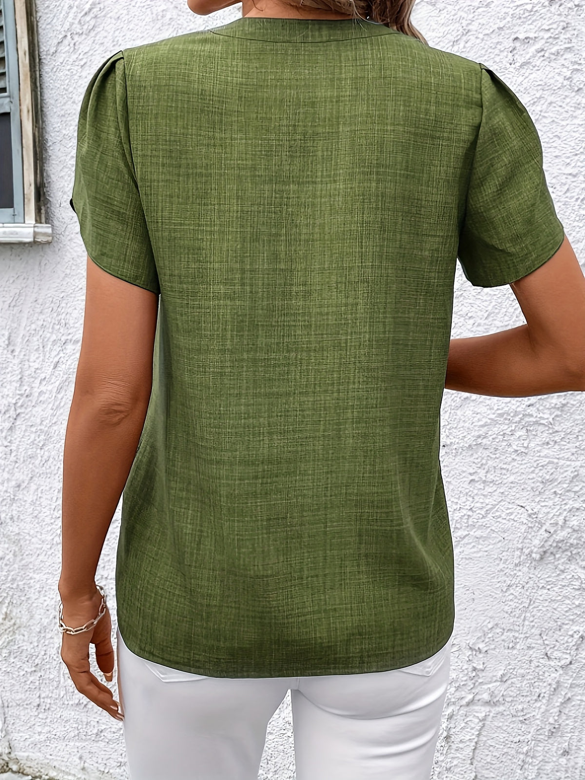 Elegant Petal Sleeve Notched V-Neck Shirt | Solid Color, Suitable for Spring/Summer/Fall - Olive Green