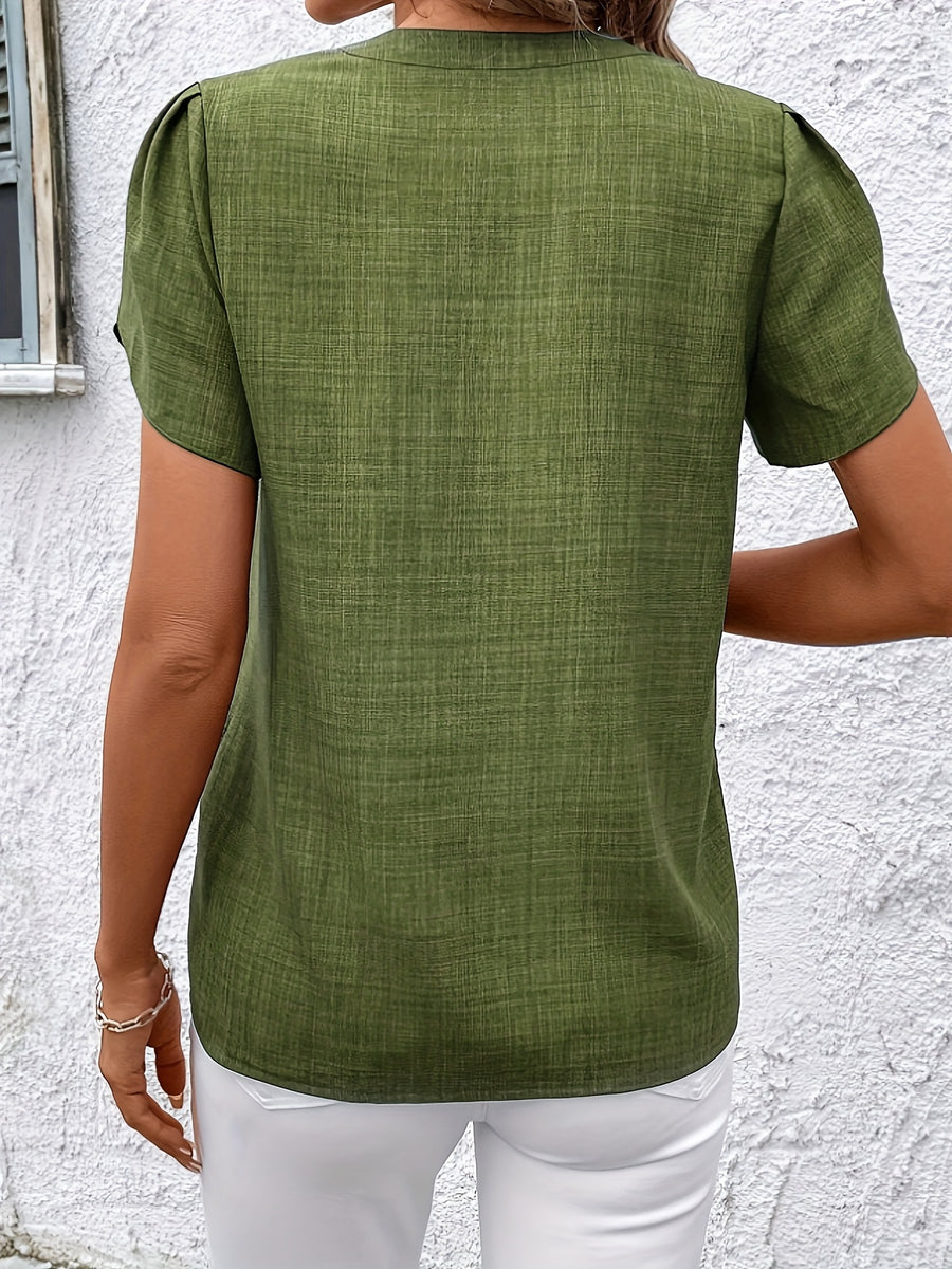 Elegant Petal Sleeve Notched V-Neck Shirt | Solid Color, Suitable for Spring/Summer/Fall - Olive Green