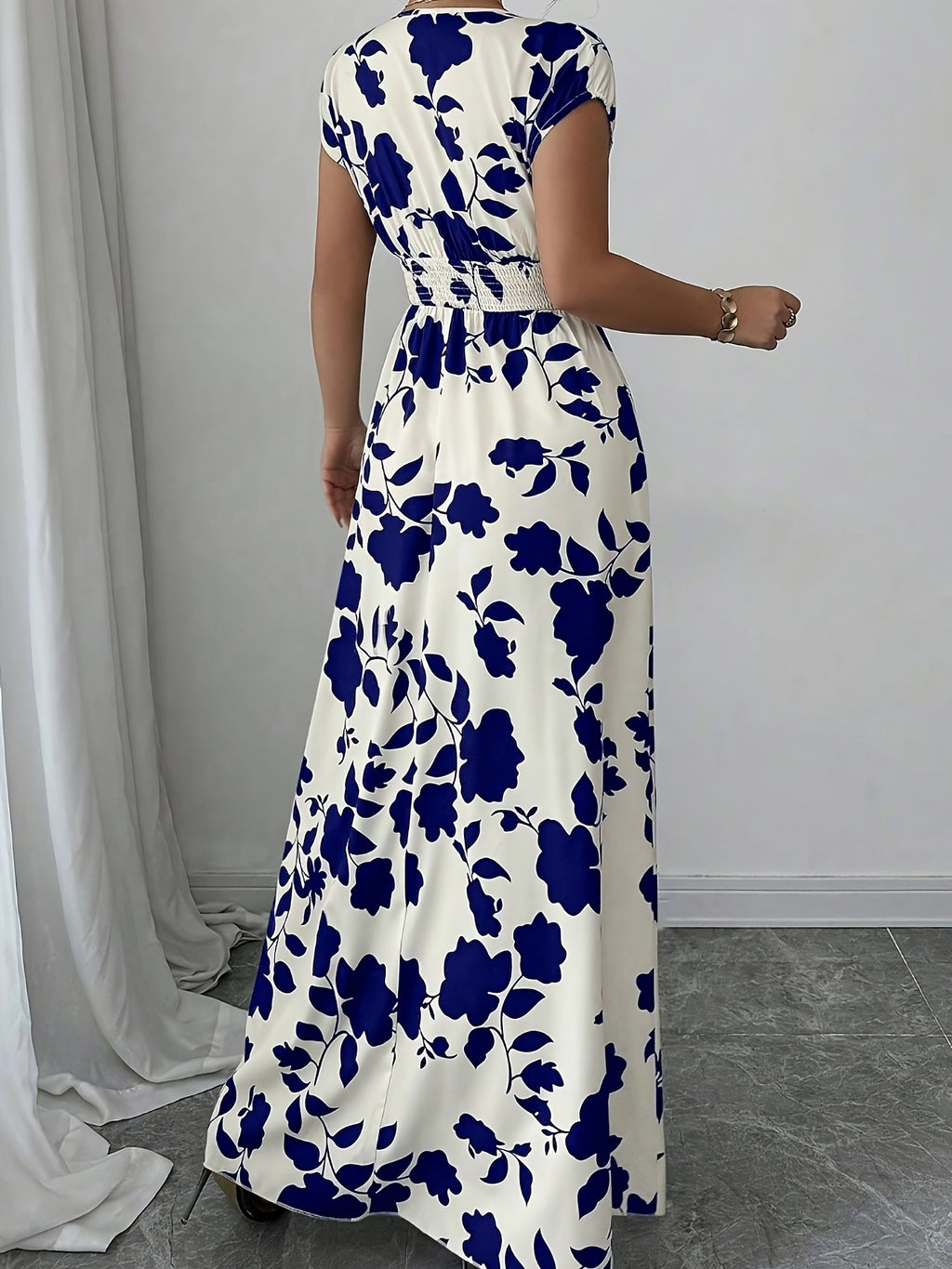 Elegant Pink Floral Maxi Dress with V-Neck and Short Sleeves - Flowing A-Line Silhouette, Cinched Waist, Perfect for Spring/Fall, Casual to Formal Wear, Casual Elegant Wear | Floral Print Dress | Cinched Waist Design - Blue