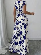 Elegant Pink Floral Maxi Dress with V-Neck and Short Sleeves - Flowing A-Line Silhouette, Cinched Waist, Perfect for Spring/Fall, Casual to Formal Wear, Casual Elegant Wear | Floral Print Dress | Cinched Waist Design - Blue