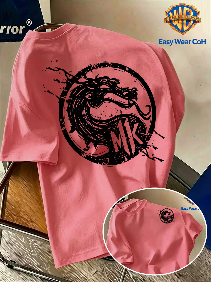Warner Bros. Official Men's Double-Sided Front and Back Print Short-Sleeve T-Shirt, Featuring a Hand-Drawn Sketch Dragon Logo with a Splatter Ink Creative Design. The Handwritten Scrawl Lines Create a Rich Atmospheric Feel. The Fabric Is Breathable - Watermelon Red