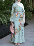 Women's Middle Eastern Style Muslim Elegant Robe, Light Blue Base with Colorful Floral Print, Loose Fit with Long Sleeves and Wide Hem, Suitable for Daily Wear, Parties, and Prayer, Breathable and Draping Fabric, Non-Embroidered, Muslim Women's - Mixed colors