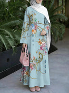 Women's Middle Eastern Style Muslim Elegant Robe, Light Blue Base with Colorful Floral Print, Loose Fit with Long Sleeves and Wide Hem, Suitable for Daily Wear, Parties, and Prayer, Breathable and Draping Fabric, Non-Embroidered, Muslim Women's - Mixed colors