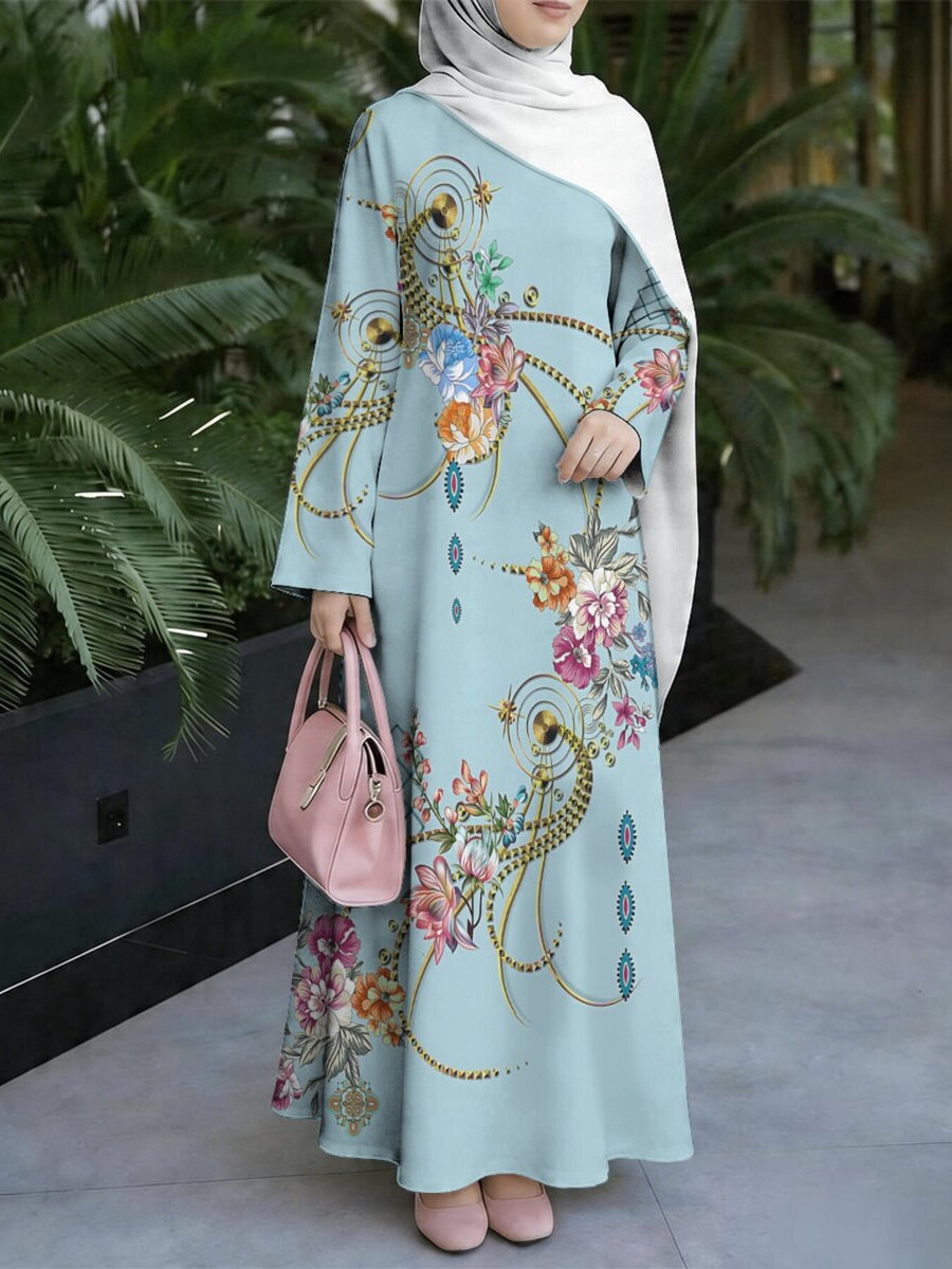 Women's Middle Eastern Style Muslim Elegant Robe, Light Blue Base with Colorful Floral Print, Loose Fit with Long Sleeves and Wide Hem, Suitable for Daily Wear, Parties, and Prayer, Breathable and Draping Fabric, Non-Embroidered, Muslim Women's - Mixed colors
