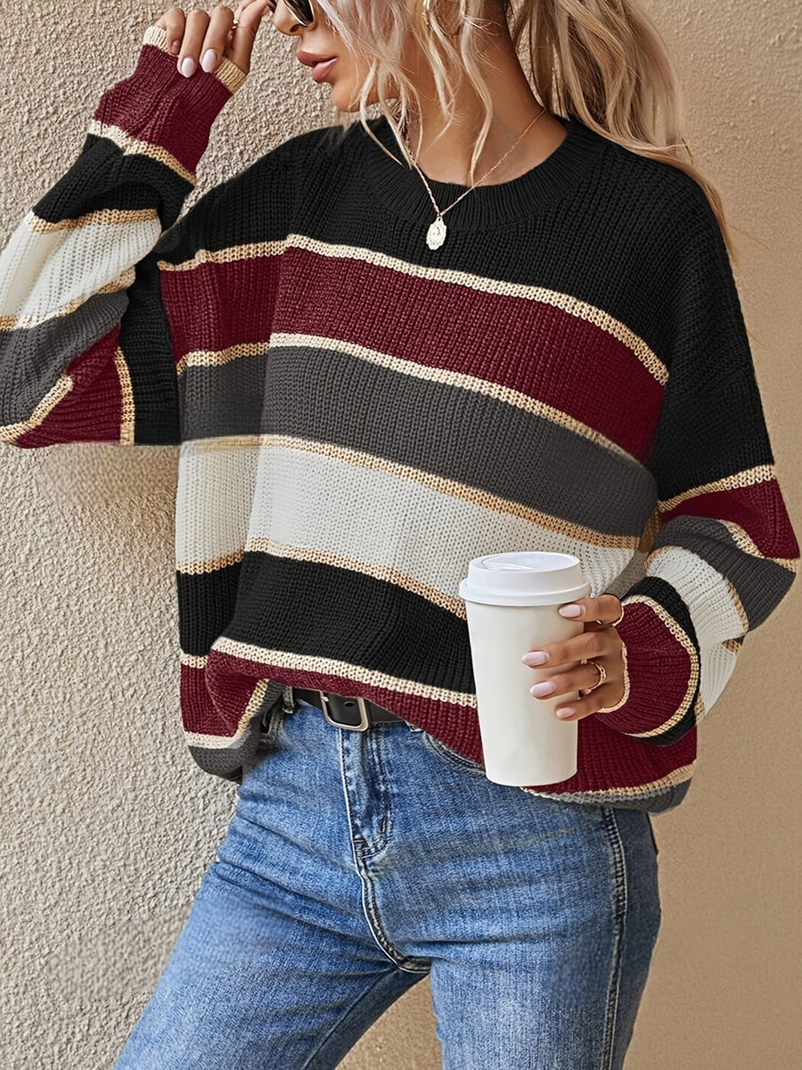 Women'S Color Block Striped Pullover Sweater - Cozy Long Sleeve Crew Neck, Loose Fit, Fall/Winter Casual Top with Green, Brown, and Beige Stripes, Casual Winter Wear | Relaxed Fit Top | Construction, Sweater Dress, Fall Clothe For Women, Fall Sweater For - Burgundy