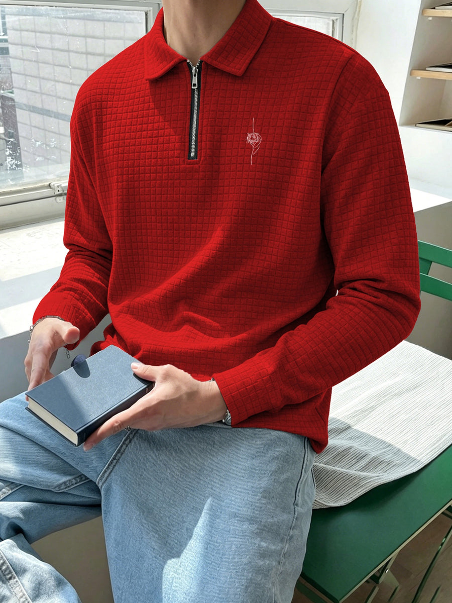 National Charm Tiger Head Line Art Print Floral Waffle Knit Half-Zip Polo Long Sleeve Men's Casual Top, Featuring a Simple and Premium Texture That Complements All Dressing Styles. Easily Create a Minimalist Look, Whether for Daily Commutes - Red