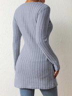 Women's Fashion Ribbed Square Neck Contrast Color Irregular Button Long Sleeve T-Shirt - Bright Steel Blue