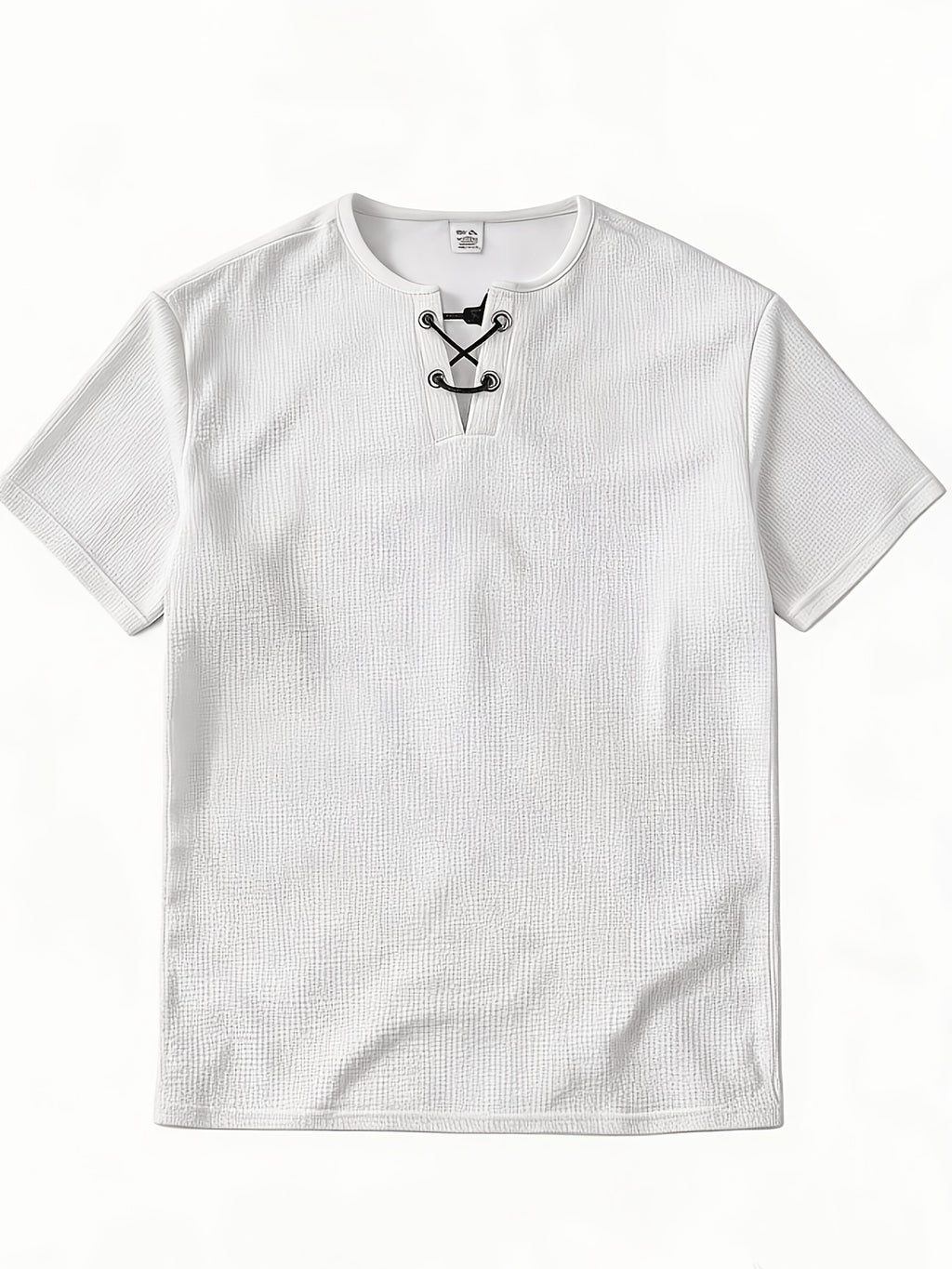 Men's Summer Fashion T-Shirt, Crew Neck Drawstring Waffle Knit Design, Stylish Breathable Minimalist Henley Shirt, Light Luxury Casual Men's Short Sleeve Top, Suitable for Outdoor Leisure, Parties, and Commuting - White