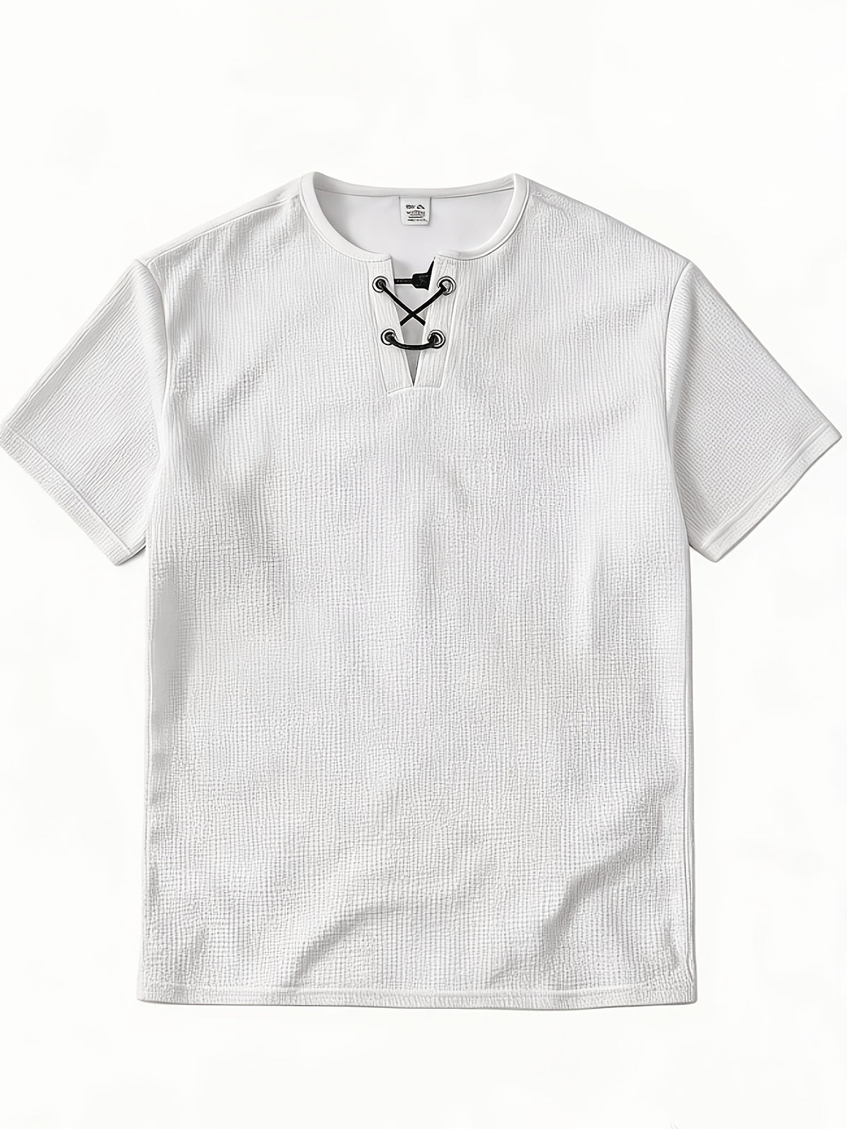 Men's Summer Fashion T-Shirt, Crew Neck Drawstring Waffle Knit Design, Stylish Breathable Minimalist Henley Shirt, Light Luxury Casual Men's Short Sleeve Top, Suitable for Outdoor Leisure, Parties, and Commuting - White