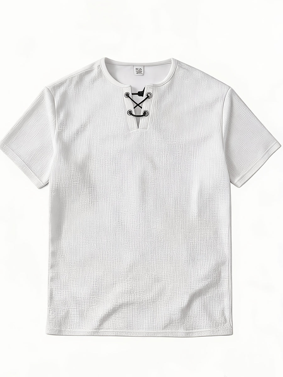 Men's Summer Fashion T-Shirt, Crew Neck Drawstring Waffle Knit Design, Stylish Breathable Minimalist Henley Shirt, Light Luxury Casual Men's Short Sleeve Top, Suitable for Outdoor Leisure, Parties, and Commuting - White