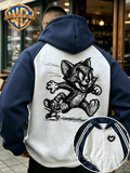 Men'S Raglan Sleeve Color-Block Hooded Zipper Cardigan Sweatshirt, Sketch Hand-Drawn Running Mouse Cat Trendy Cool Retro Print Design, Autumn/Winter Loose Contrast Striped Athletic Hoodie - Gray And Navy Blue
