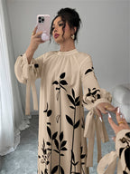 Women's Elegant High Neck Maxi Dress with Plant Print - -Length Gown, Machine Washable Suitable for Weddings, Parties, Spring/Autumn Events - Apricot