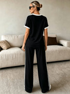 2pcs Set Women's Regular Size Short Sleeve Long Pants Outfit, Color-Blocked Comfortable Soft Casual Sportswear Set with Long Sweatpants and Short Sleeve Top - Black