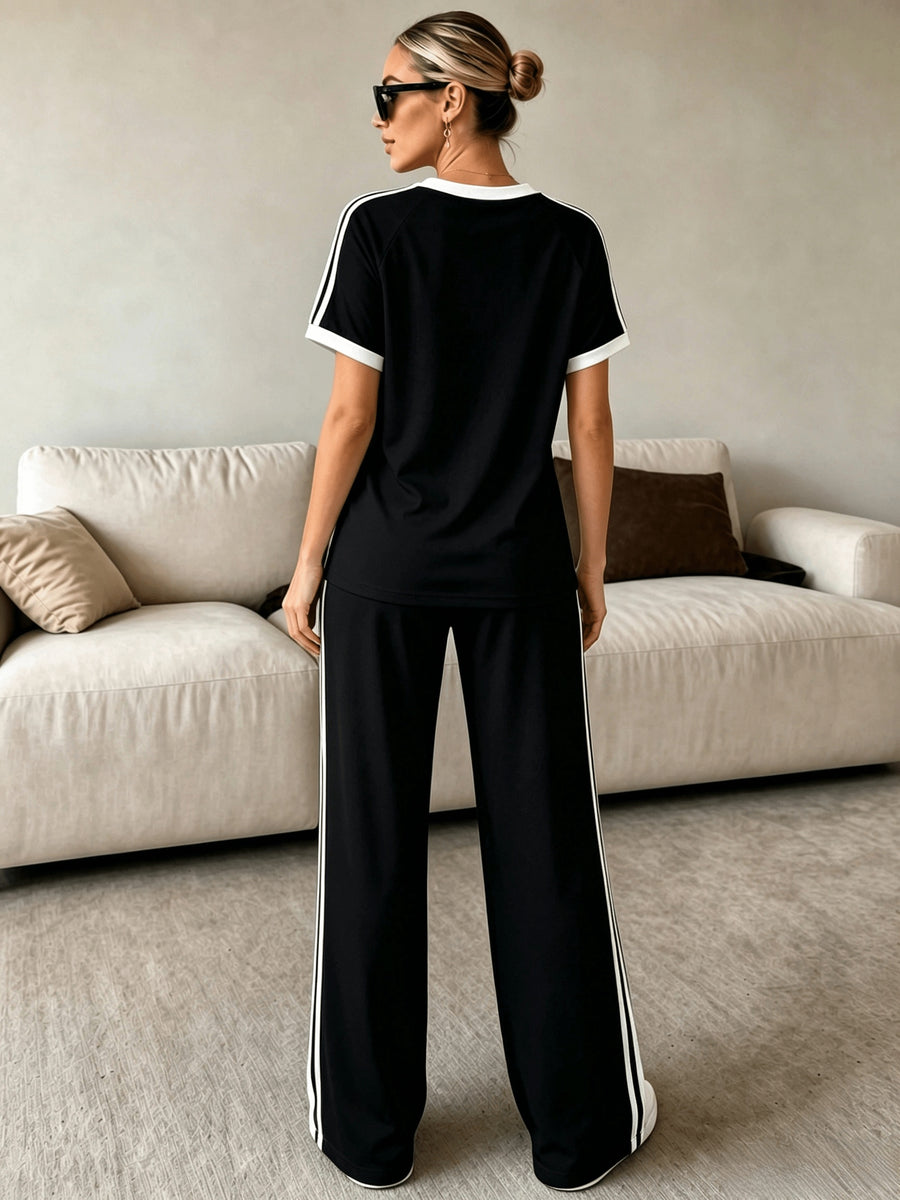2pcs Set Women's Regular Size Short Sleeve Long Pants Outfit, Color-Blocked Comfortable Soft Casual Sportswear Set with Long Sweatpants and Short Sleeve Top - Black