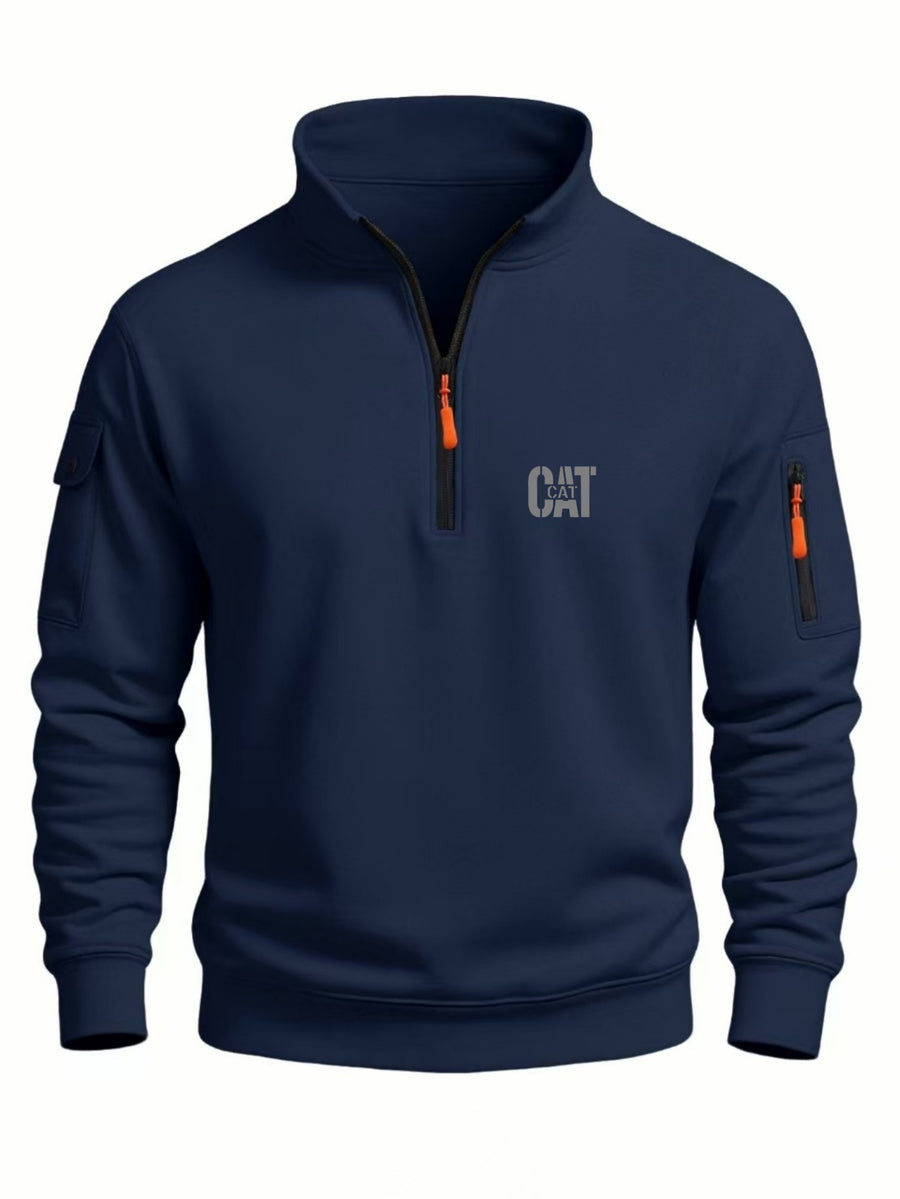 Spring and Autumn Men's Half-Zip Sweatshirt with Print, Loose Fit, Stand-Up Collar, Casual Sport Pullover - Navy Color