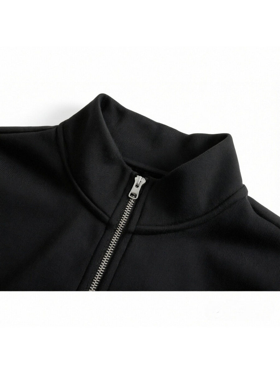 Men's Solid Color Half-Zip Stand Collar Sweatshirt, Mountain Print with Striped Ribbed Cuffs and Hem, Loose Fit Casual Sport Pullover, Daily Vintage Style Jacket - Black