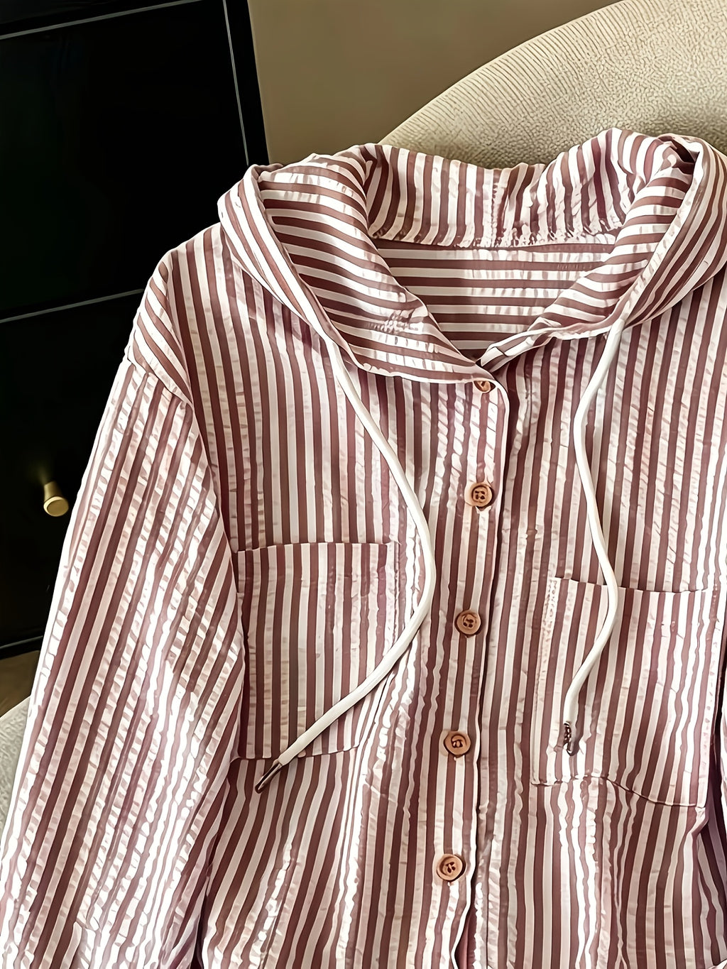Relaxed Fit Striped Hooded Cardigan - Red
