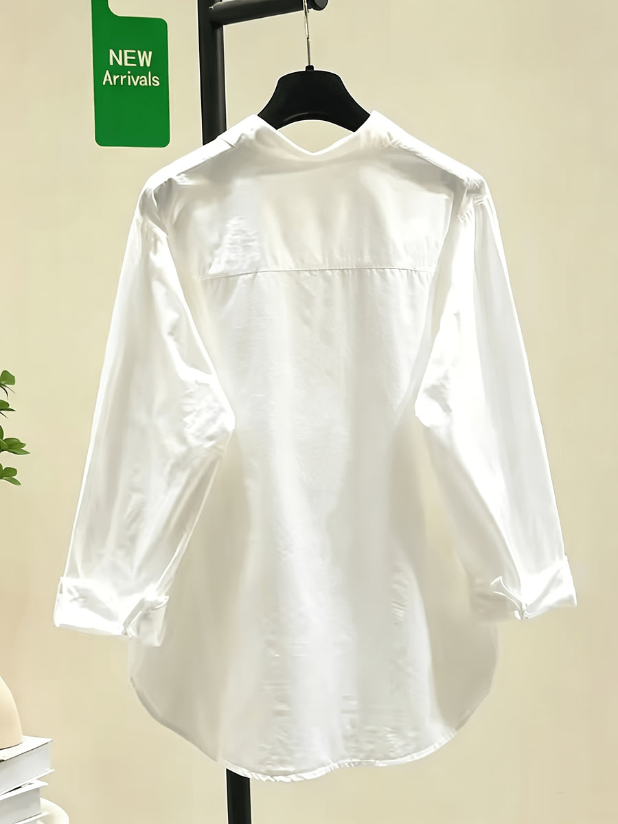 YYTT Spring/Autumn New Cute Cat Embroidery Breathable Shirt Women'S Casual Versatile Layering Long Sleeve White Top - White