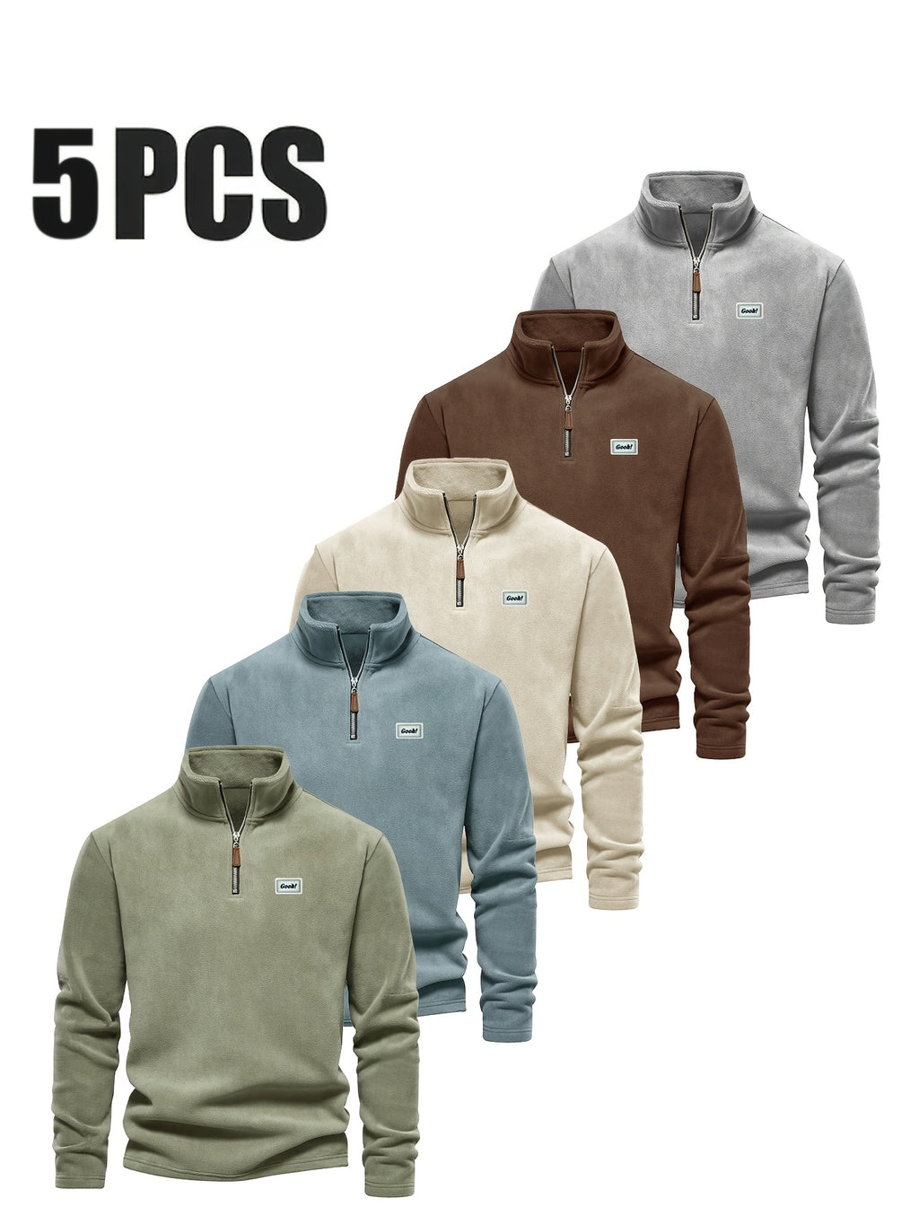 5pcs Men'S Quarter Zip Henley Shirts | Casual Stand Collar, Slight Stretch Fabric, Solid Color, Perfect For Fall/Winter - Mint Green+Gray Blue+Red Brown+Apricot+Gray