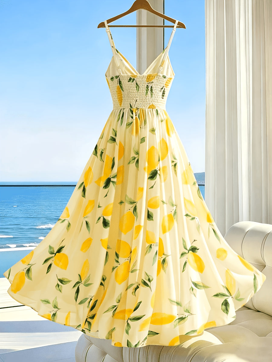 French Vacation Style Cami Dress, Women'S Romantic Long Dress, Lemon Print Cinched Flared Maxi Dress, Soft Floral Cami Dress - Multicolor