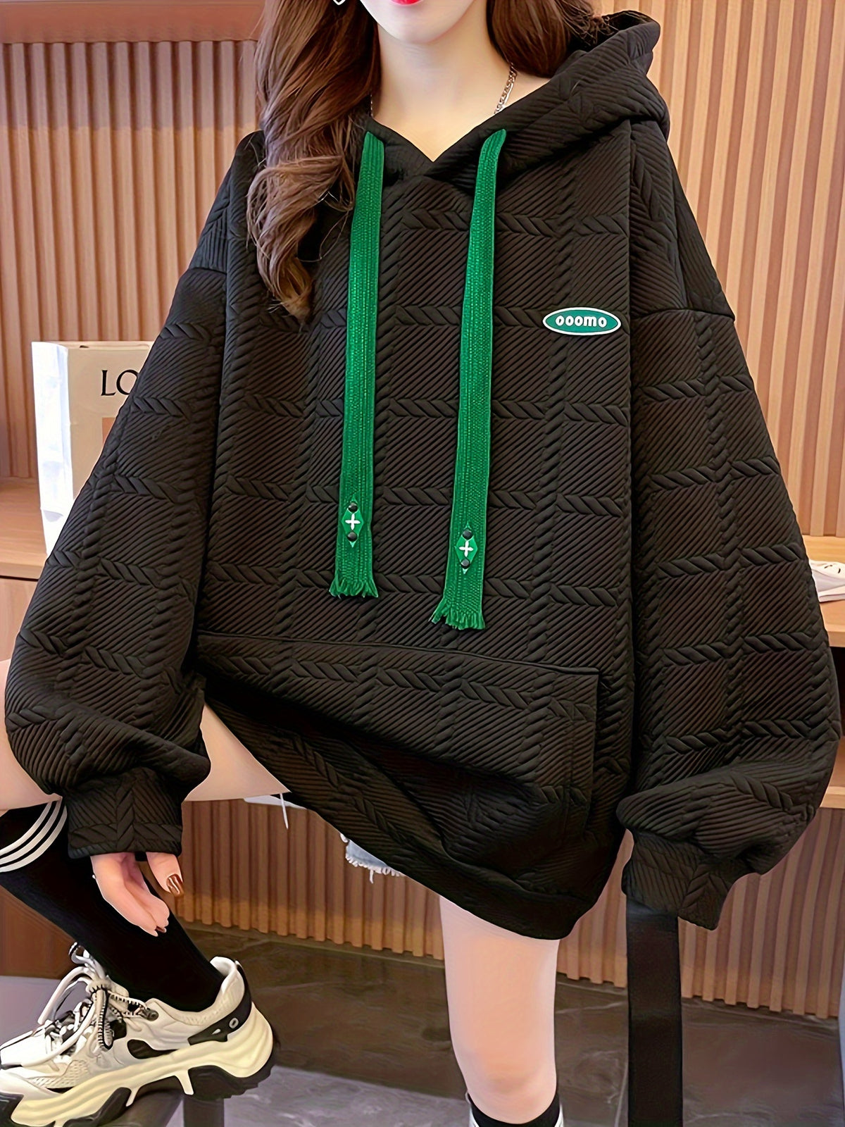 NEW Fashionable Hooded Sweatshirt for Women, Korean Style, Loose Fit, Oversized, Thin Fabric, with Back Collar and Jacquard Pattern - Black