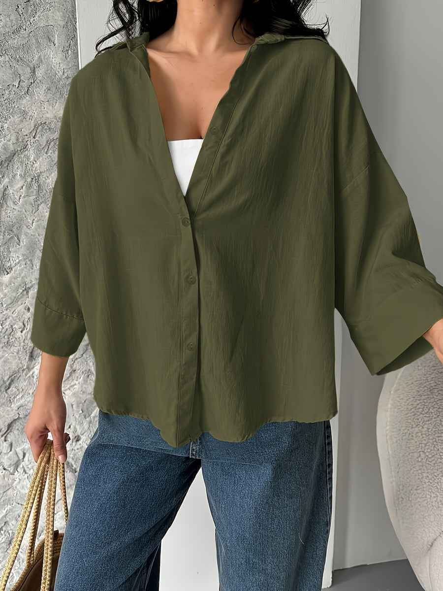 Fashion Spring Summer Women'S Off-Shoulder Puff Sleeve Button-Up Elegant Loose Shirt Lapel - Army Green