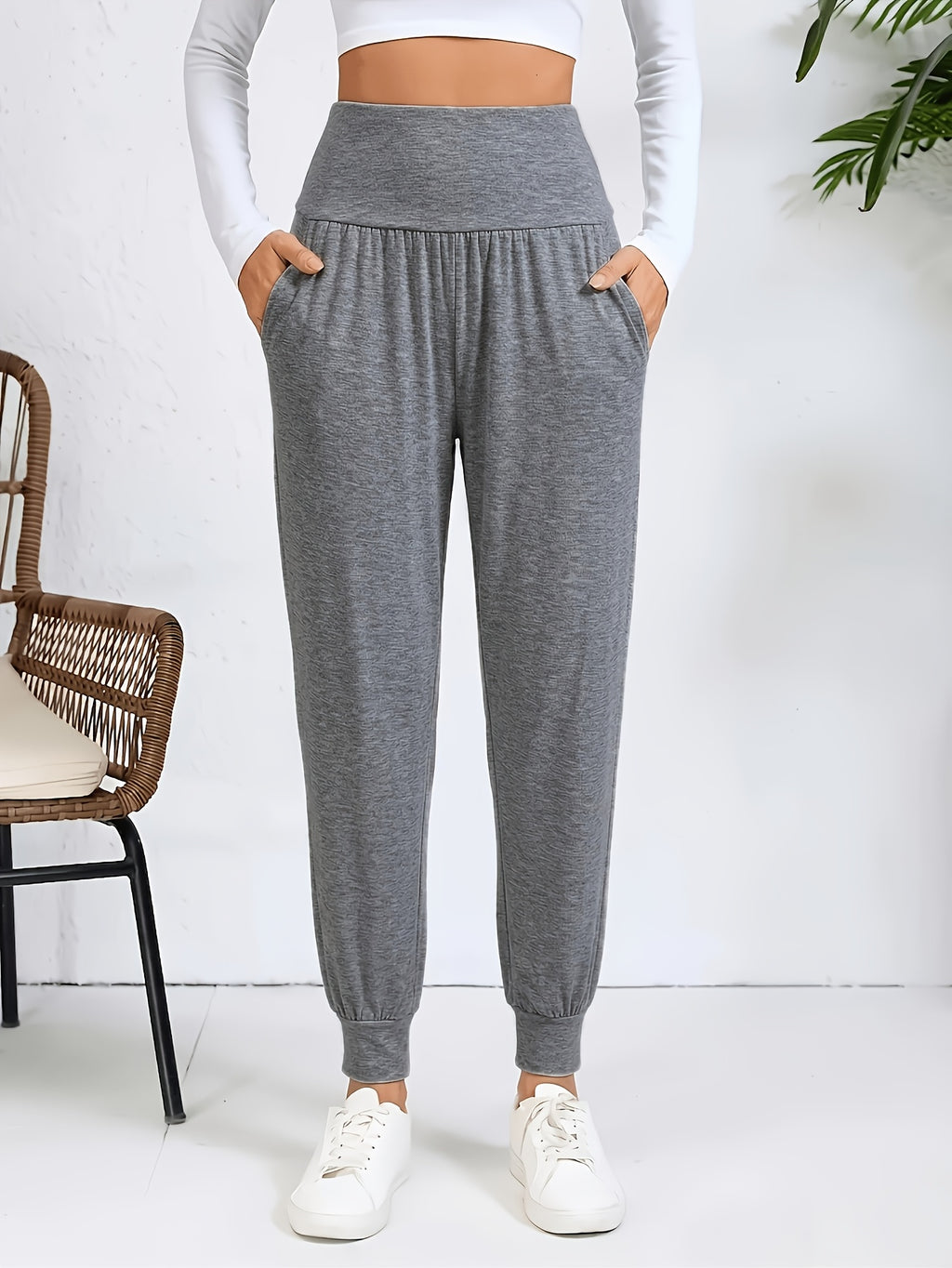 An Elegant Women's Casual High-waisted Pants with Slant Pockets. Women's Pants and Cuffed Long Pants for Spring, Summer, and Autumn - Dark Gray