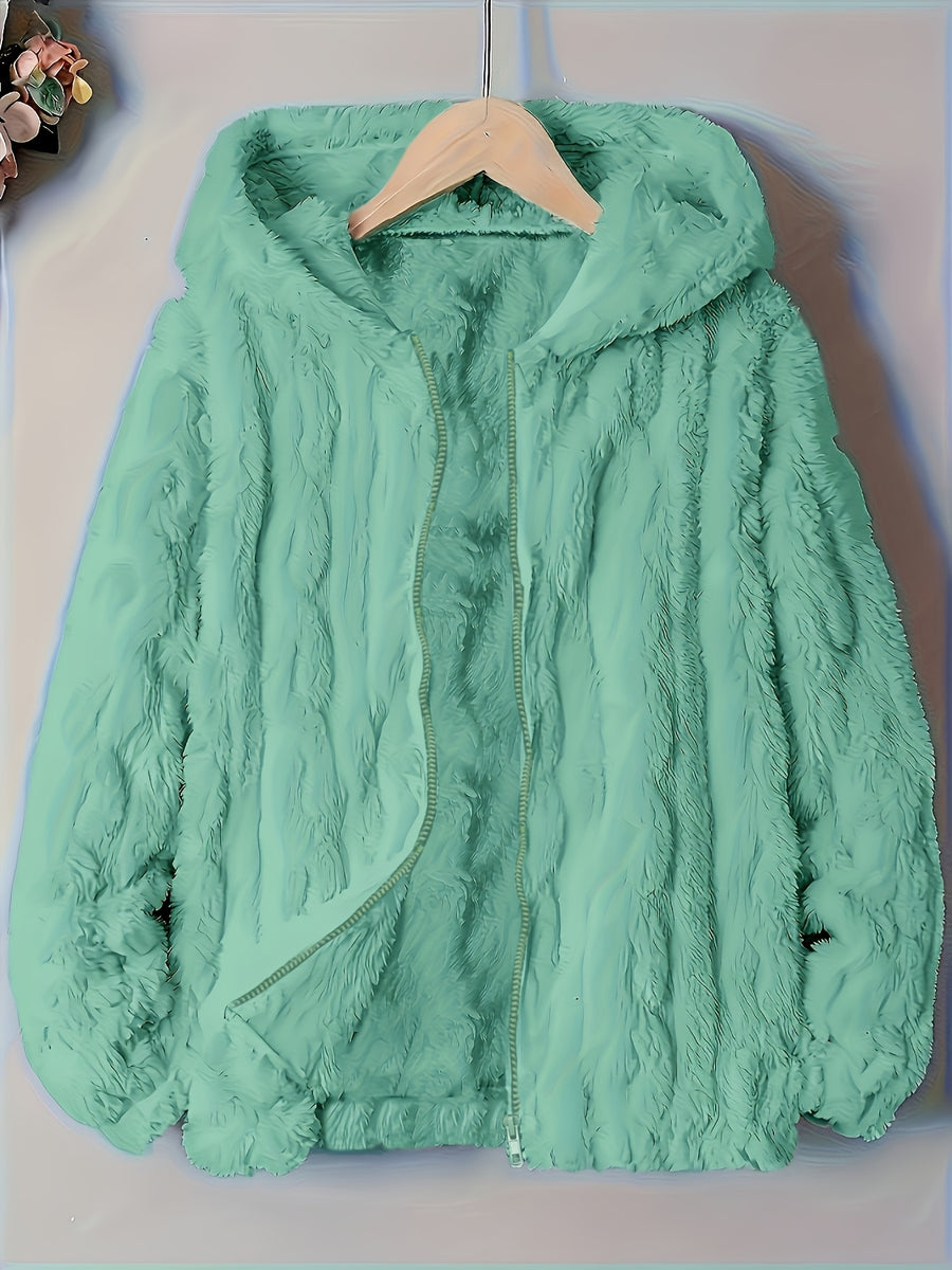 Plus Size - Autumn Winter Warm Thick Fleece Hooded Sweatshirt, Loose Casual Jacket, Coral Fleece Material, Plus Size Women'S Jacket/Winter Coat, Plus Size Women'S Outerwear, Elegant Women'S Shawl - Light Green