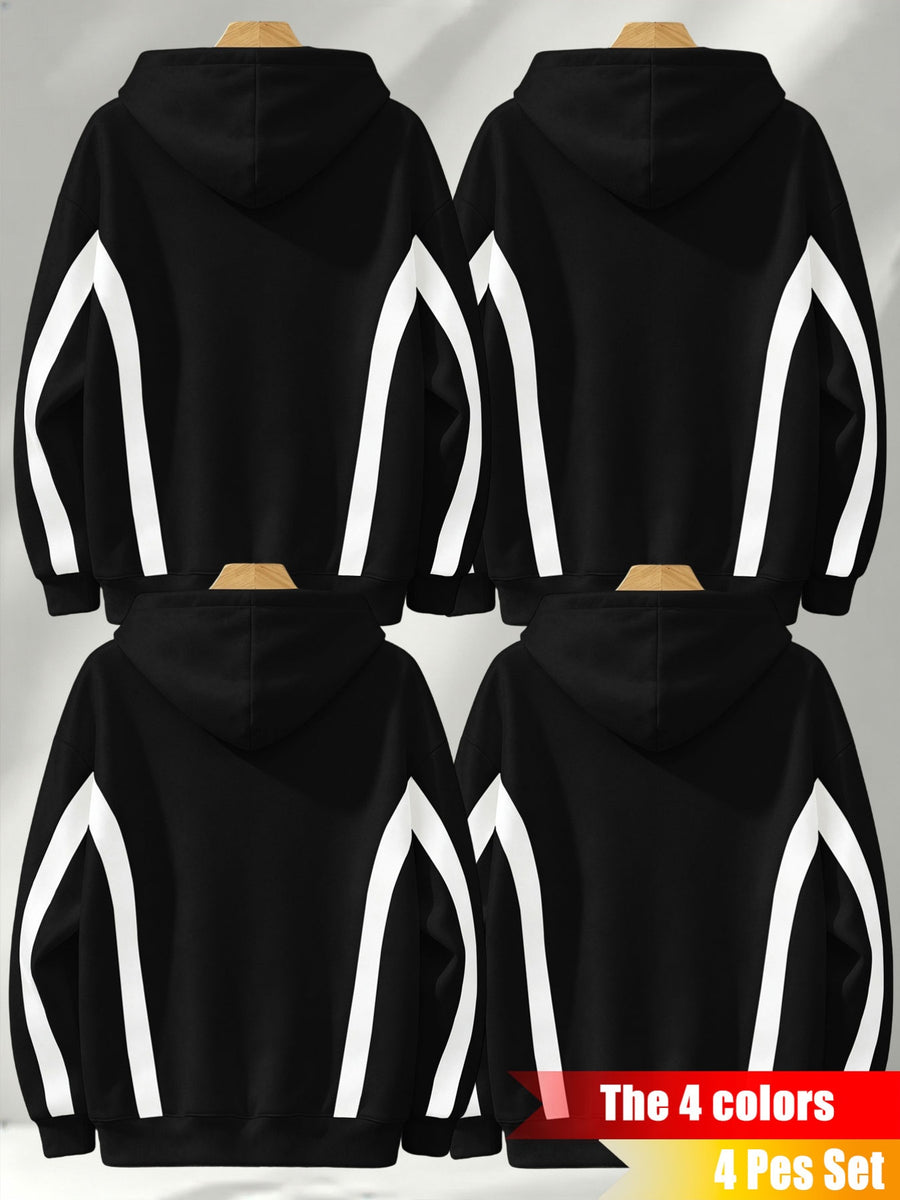 4pcs 2026 Autumn/Winter Men's Street Style Hooded Sweatshirt with Diagonal Contrast Color Line Cutting on Sleeves, Long Sleeves, Adjustable Drawstring, Large Capacity Kangaroo Pocket for Phone Storage, Skin-Friendly and Warm, Versatile Pullover - Black + Black + Black + Black