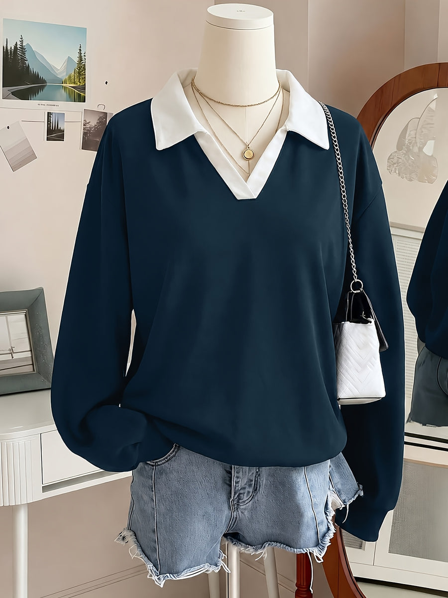 New Arrival with Atmospheric Vibe! V-neck Spliced 2-in-1 Look Polo Collar Casual Sweatshirt, Soft, Skin-Friendly, Loose Fit. Perfect for Street Strolling, Shopping, Dates, and Minimalist Commuting - A Versatile Must-Have Piece - Navy&White