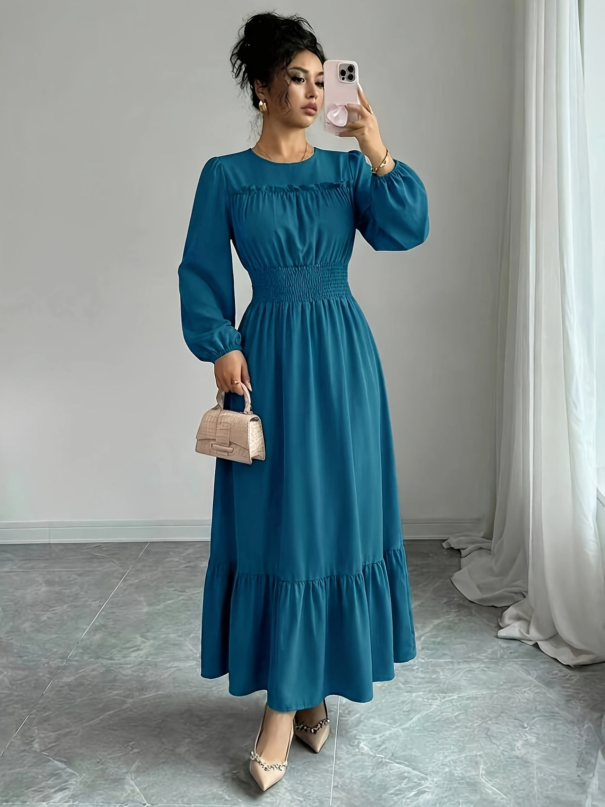 Women's Round Neck Ruffle Bubble Long Sleeve Stretch Elastic Waist Flowy Dress, Solid Color Layered Long Skirt with Tiered Ruffle Hem for a Flowing Drape. Suitable for Daily Outings, Beach Trips, Weekend Getaways, and Casual Dates - Blackish Green