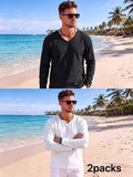 Men's 2pcs V-Neck Long Sleeve Linen T-Shirt, Breathable Loose Solid Color Top for Beach Outings and Daily Casual Wear - Black+Light White