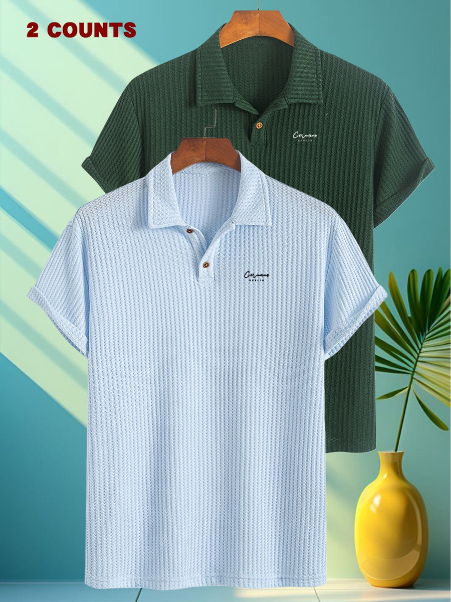 FM350 Crown And Ten Print Pattern 2pcs Set Summer Men'S Textured Jacquard Short-Sleeved POLO Shirt Comfortable Casual Soft Knitted Lapel Daily Business Top Gift - Sky Blue + Dark Green
