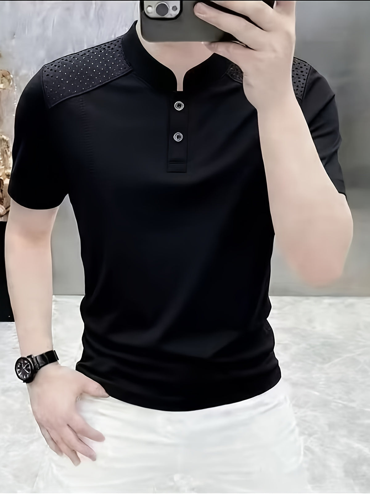 Men'S Breathable Short Sleeve Polo Shirt, Men'S Top Short Sleeve T-Shirt, Men'S Trendy New Style, Solid Color - Warehouse-7063 Black