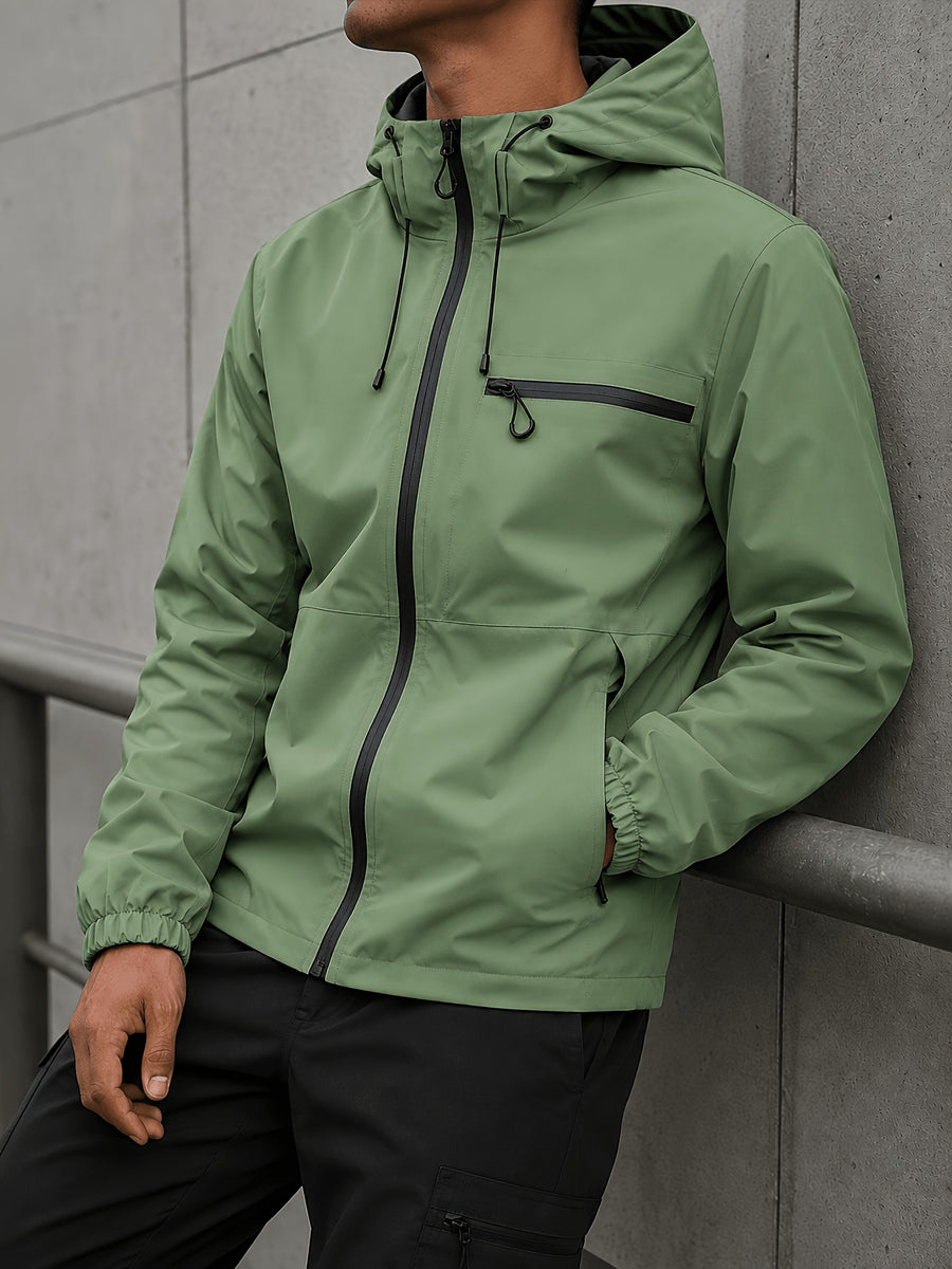 Men's Hooded Functional Jacket, Outdoor Casual Windproof Outerwear, Stand Collar Zipper Multi-Pocket Top, Spring/Autumn Urban Commuting Sports Jacket - Fruit Green