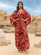 EDOLYNSA Elegant Red Striped Print V-Neck Long Sleeve Batwing Beach Cover-Up Loose Casual Vacation Kaftan Robe Q1755 - Red
