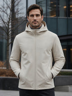 Men's Full-Zip -Lined Hooded Jacket, Lightweight Warm Softshell Outerwear, Men's Fashion Hoodie, Loose and Stretchy, Business Casual Outdoor Hoodie, Thermoregulating Top, Suitable for Office, Commuting, Travel, and Daily Autumn/Winter Wear - Apricot