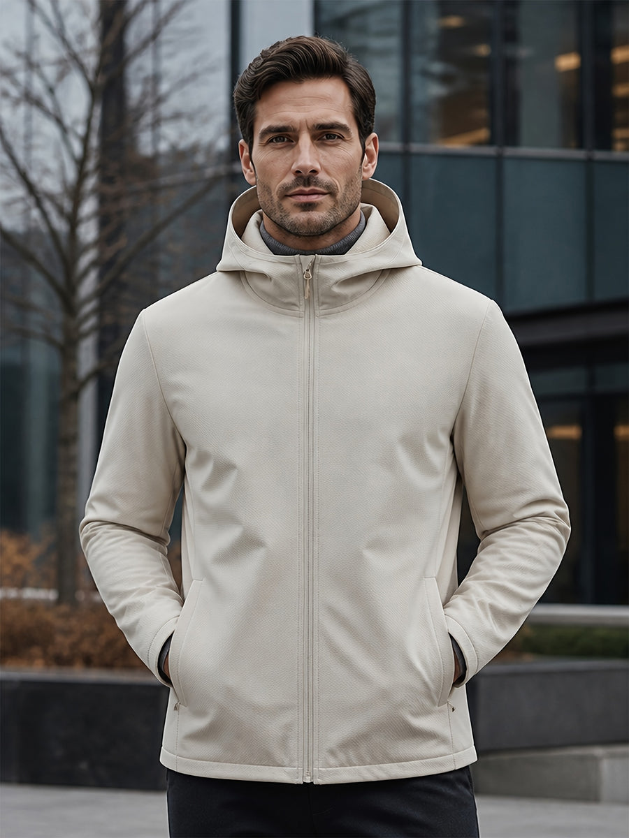 Men's Full-Zip -Lined Hooded Jacket, Lightweight Warm Softshell Outerwear, Men's Fashion Hoodie, Loose and Stretchy, Business Casual Outdoor Hoodie, Thermoregulating Top, Suitable for Office, Commuting, Travel, and Daily Autumn/Winter Wear - Apricot