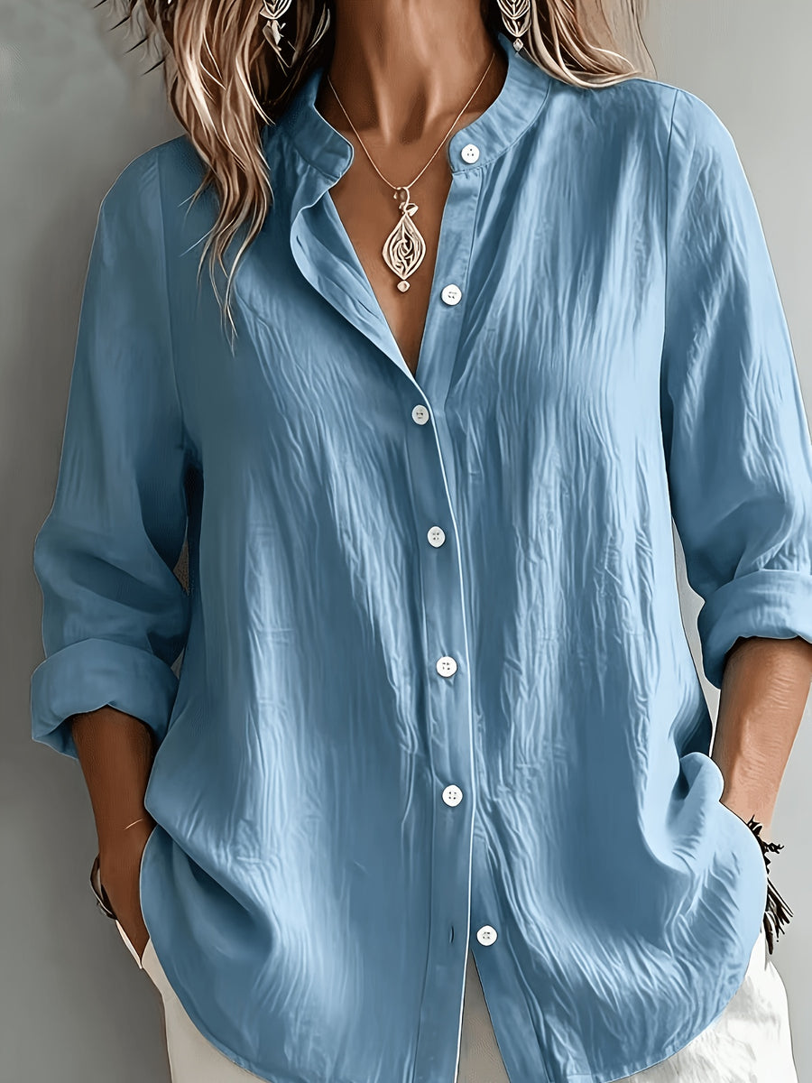 Elegant Special Edition Women'S Blouse - Long Sleeve Button-Up Solid Shirt, Breathable, Comfortable, Soft, Round Neck, Medium Stretch And Machine Washable, Suitable for Office, Commute, Or Formal Events, Refined Casual - Lake Blue