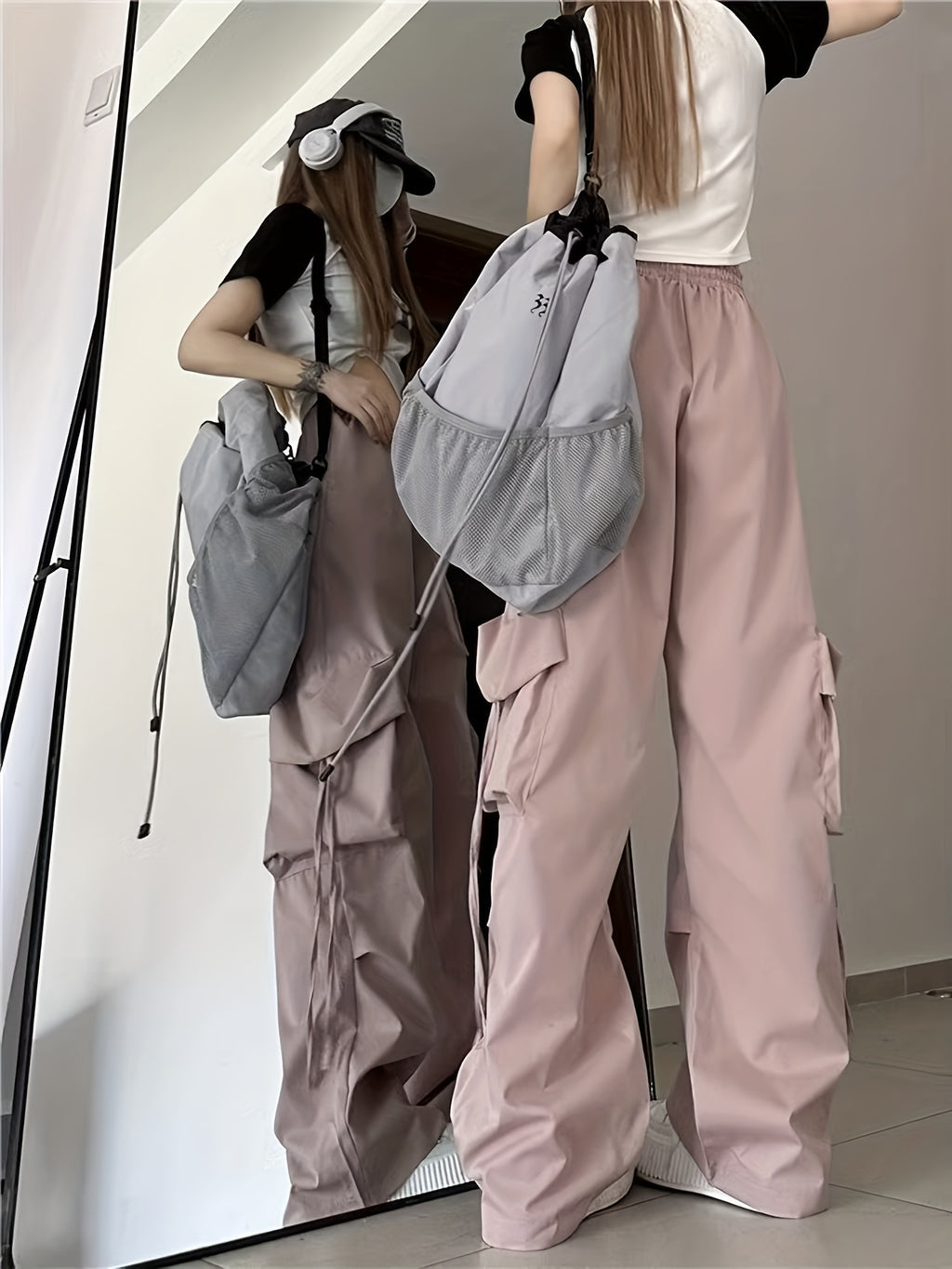 Women'S Casual Pants 2026 Summer New Straight-Leg Drape Wide-Leg Cargo Pants High-Waisted Trousers - Pink Color