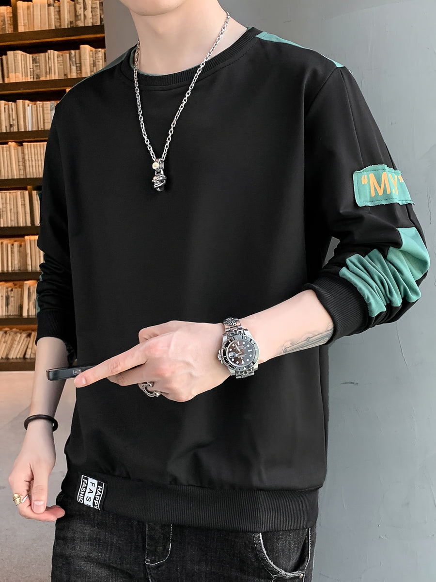 1pc Men's Casual Sportswear Top, Pullover Fashion Long Sleeve, Suitable for Spring and Autumn Outdoor Daily Running, Color-Block Letter Men's Sweatshirt - Black