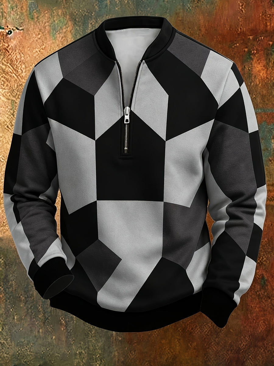 [Print Design - Not Textured] Men'S Retro Geometric Color-Block Digital Print Half-Zip Stand Collar Sweatshirt, Spring/Autumn Loose Casual Top, Daily Commute Outdoor Wear - Mixed Color 1