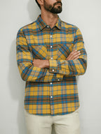 Men'S Casual Plaid Long Sleeve Shirt, Lapel Button-Up Shirt, Double Pocket Design, Classic Checkered Pattern, Twill Fabric, Comfortable And Breathable, Suitable for Spring And Autumn, Casual Outing, Men'S Dress Shirt, Men'S Shirt, Casual Business - Yellow And Blue Plaid